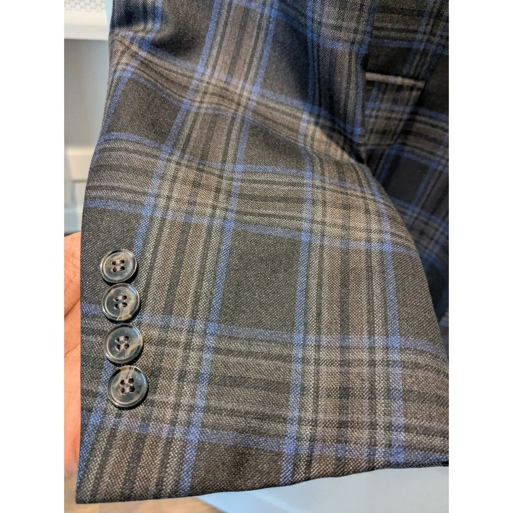 Peter Millar Plaid Sport Coat Blazer Men Charcoal Blue Wool Blend Two Button 44T